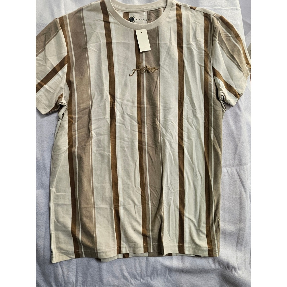 Aeropostale Mens Striped Short Sleeve T-Shirt Brown Tan Cream Aero Logo Medium